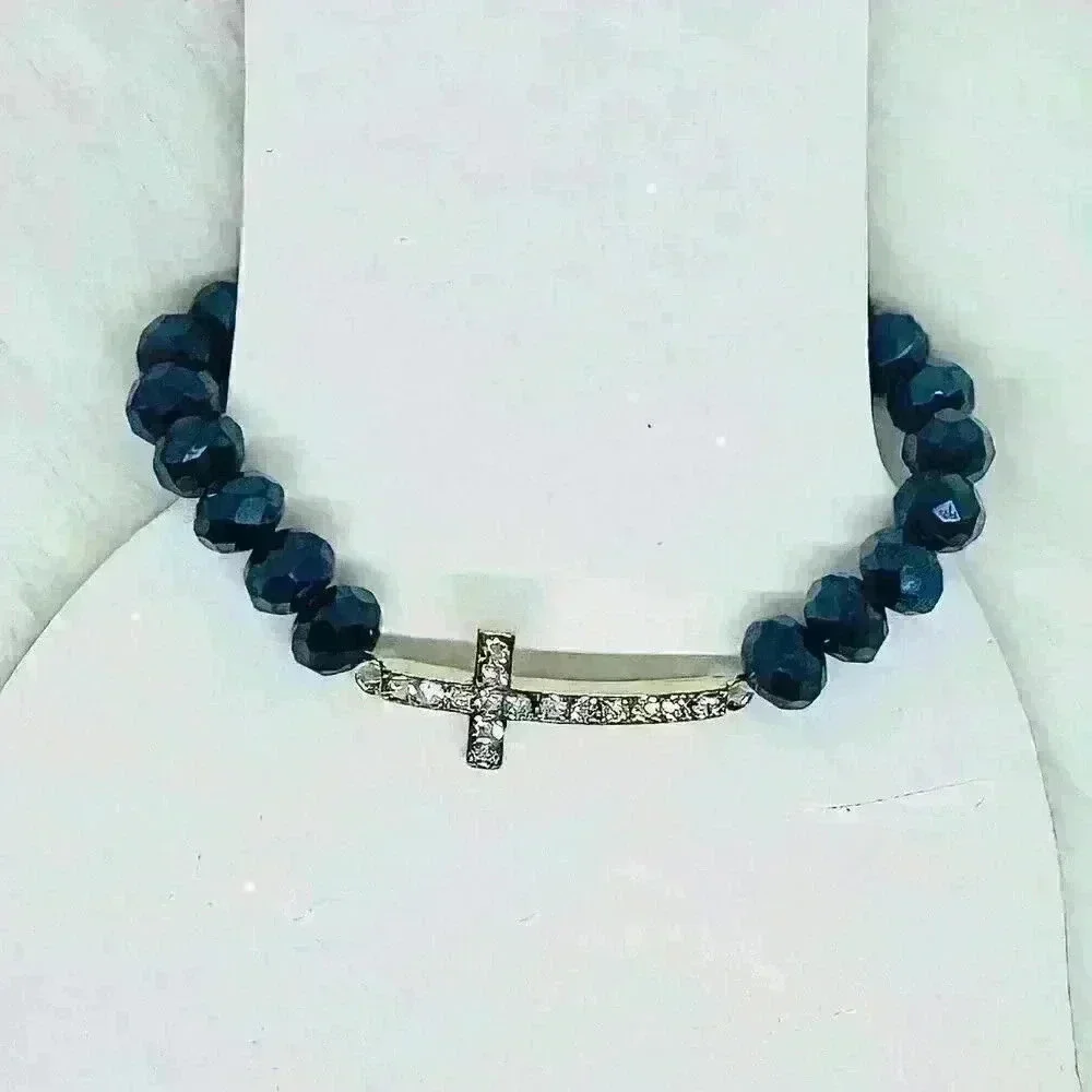 Navy Blue Beaded Bracelet with Rhinestones Cross